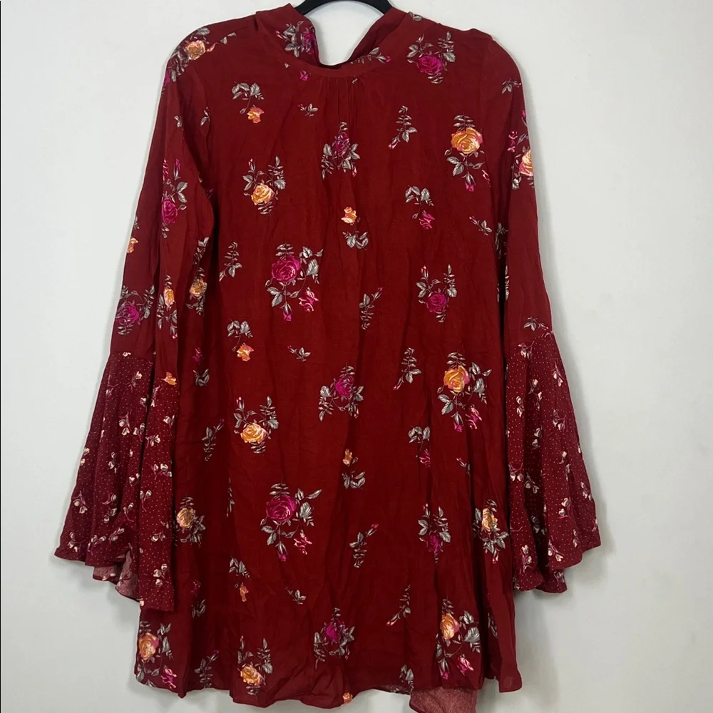 NWT Free People Women's Maroon Red Floral Vintage Combo Long Sleeve Dress Medium